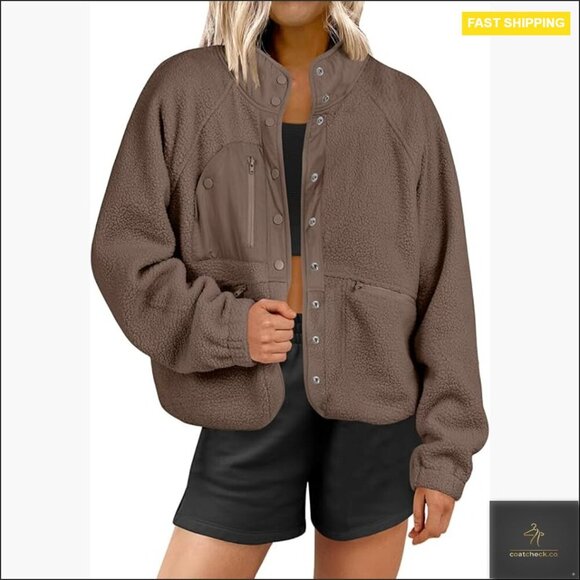 Jackets & Blazers - Fuzzy Fleece Sherpa Cropped Shacket Long Sleeve Button Down Casual Chic